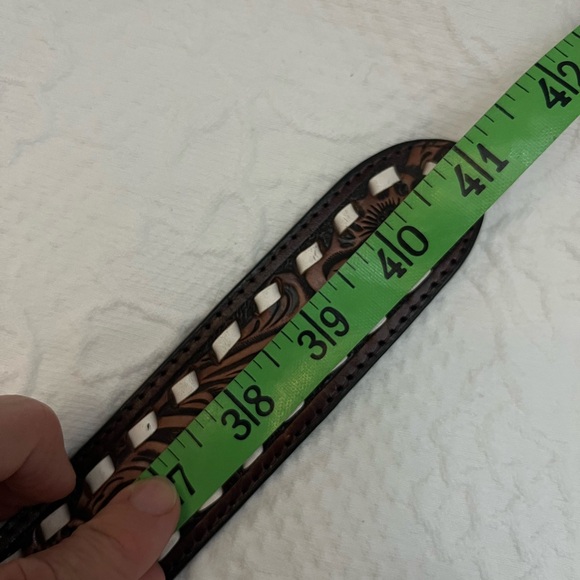 Nocona tooled brown leather belt contrast seam EUC - Picture 11 of 11